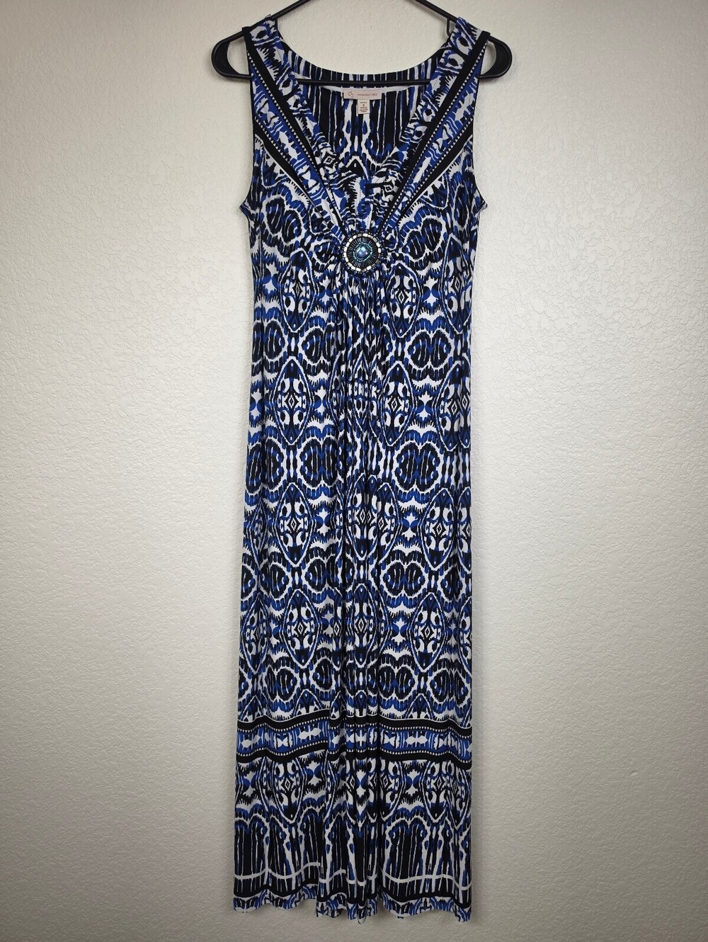 CJ Banks Sleeveless Blue Black White Patterned Maxi Dress 8